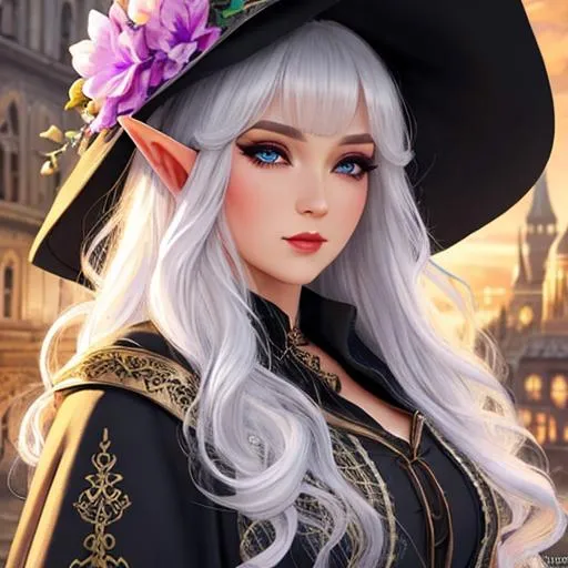 Prompt: female elf, witch, detailed face, detailed eyes, full eyelashes, ultra detailed accessories, robes, witch hat with flowers, short hair, curly hair, dnd, artwork, city background, vibrant, white hair,  inspired by D&D, concept art