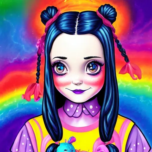 Prompt: Wednesday Addams in the style of Lisa frank