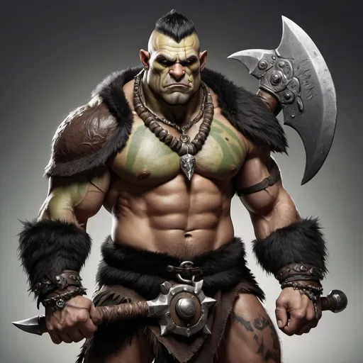 Prompt: Muscular Half-Orc Barbarian with black mohawk haircut and a huge bear tattoo on his right shoulder. Wears a bear-skin cloak and a bear-claw necklace. Holding a massive double-headed battleaxe