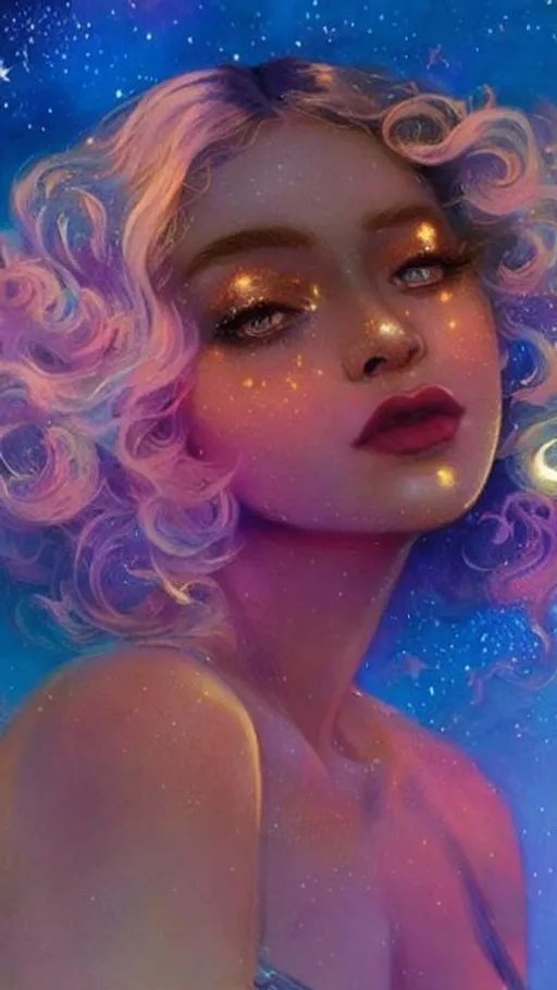 Prompt: A very beautiful woman with hair made of glowing clouds illuminated by the moonlight, freckles shaped as Golden stars, artistic makeup with a metallic iridescent pallette, art by Tom Bagshaw, artgerm, ilya kuvshinov,  Huang Guangjian, Josephine Wall, WLOP, art by Laura Hollingsworth, Andrew Atroshenko, 4k, pretty visuals, aesthetic, artstation, unreal engine, shadow effect, insanely detailed and intricate, highly detailed, shooting stars, iridescent effect to the white clouds.