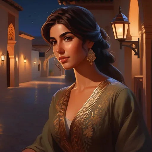 Prompt: Third person, gameplay, Andalusian girl, olive skin, brown hair, brown eyes, 2020s, Alhambra at night, warm atmosphere, cartoony style, extremely detailed painting by Greg Rutkowski and by Henry Justice Ford and by Steve Henderson 