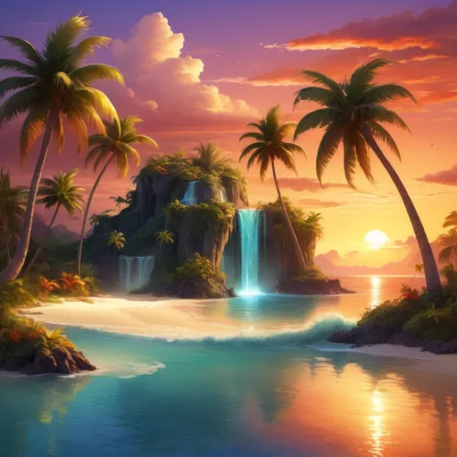 Prompt: Tropical beach at sunset with floating islands, cascading waterfalls, vibrant warm tones, high quality, digital painting, detailed palm trees, surreal, fantasy, serene atmosphere, golden hour lighting, ultra-detailed, tropical paradise, exotic, island scenery, majestic sky, tranquil ocean