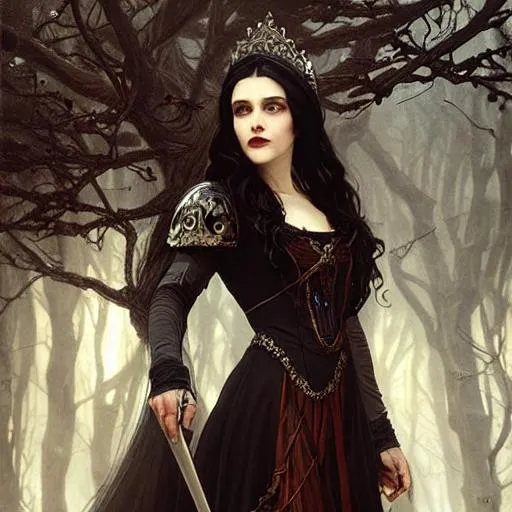 Prompt: Snow White as a vampire queen, long curly hair, intricate, elegant, highly detailed, extremely detailed, HD, digital painting, smooth, sharp focus, illustration, art by greg rutkowski and alphonse mucha and John William Waterhouse, dark, eerie, gothic, creepy, horror