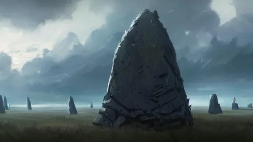 Prompt: fantasy concept art by greg rutkowski of mysterious monoliths with pure geometry and glowing blue lighting in a field, bright cloudy sky, new zeland, gestural oil painting style, backlit, cinematographic morning light, artstation hq, 