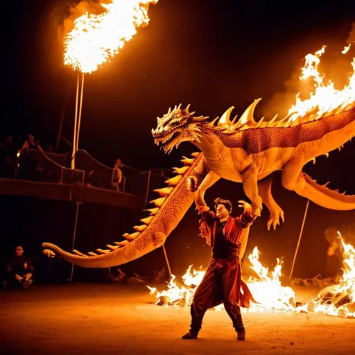 Prompt: juggling a dragon in a circus on fire