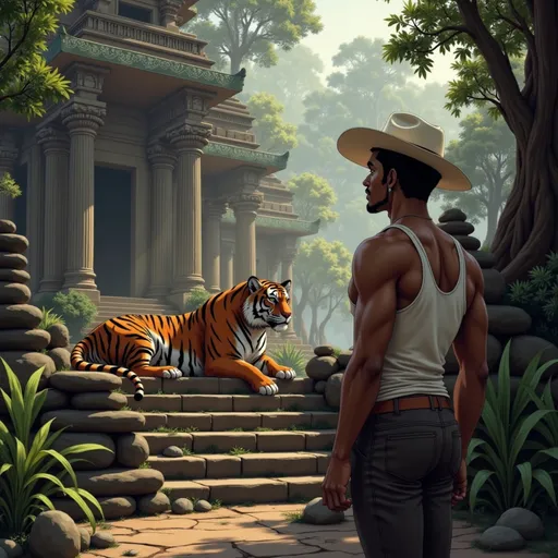 Prompt: At the entrance of a misty jungle temple, a Bengal tiger lounges across the steps. @TRzJfEbYXKjmZAhFV8fB  slowly approaches and walks around it without breaking eye contact. The tiger watches but doesn’t pounce.Mood: silent acknowledgment between predators.