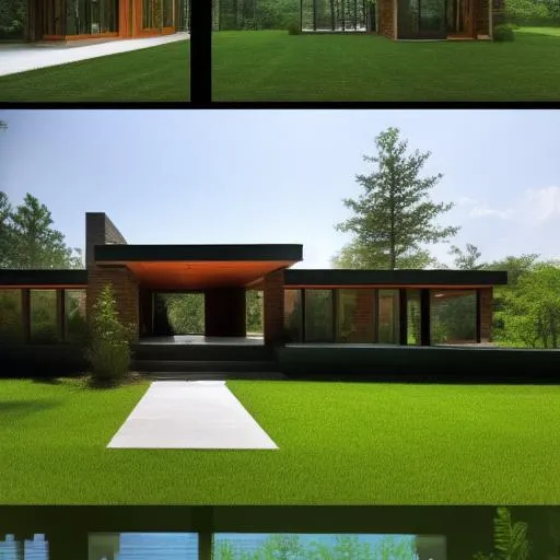 Prompt: Phillip Johnson design a beautiful single-story house, all windows across the outside
 5000 square feet, Feng Shui