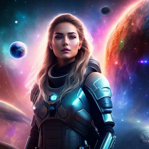 Prompt: create photograph of most beautiful fictional elite female space soldier extremely detailed face, space and planets an nebulae in sky highly detailed, extremely detailed environment, extremely detailed background, intricate, extremely detailed skin, natural colors , professionally color graded, photorealism, 8k, realistic, moody lighting, ambience lighting