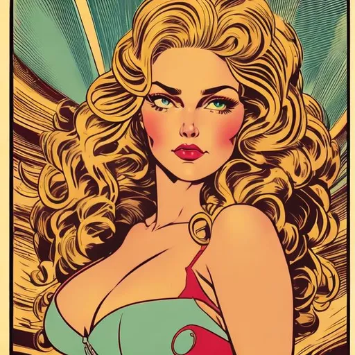Prompt: Retro comic style artwork, highly detailed 70s pin up, waist up portrait of a woman, long wavy blonde hair, sultry brown eyes. comic book cover, symmetrical, soft lines, graphic art, vibrant 