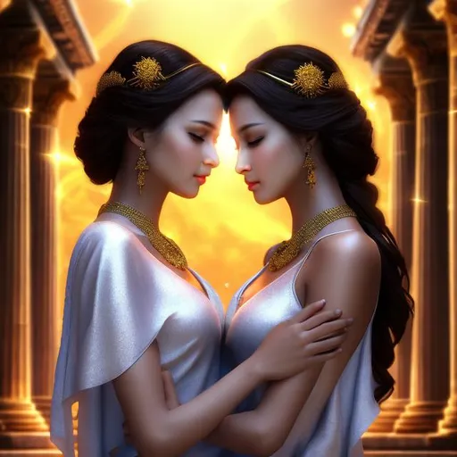 Prompt: HD 4k 3D 8k professional modeling photo hyper realistic beautiful twin maiden women ethereal greek goddesses of prayer
short brown hair brown eyes gorgeous face black skin shiny robes jewelry headbands full body surrounded by magic glorious glow hd landscape background two twin women praying in Zeus temple