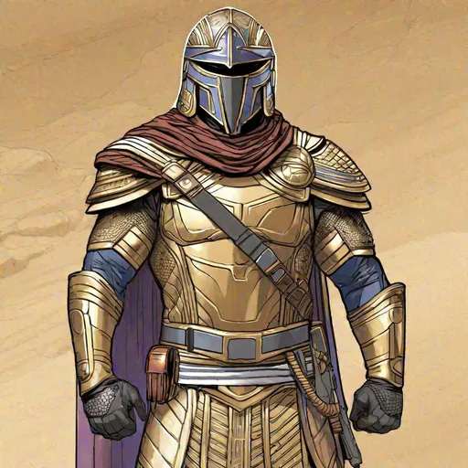 Prompt: Full figure, whole body of A male Scifi assyrian soldier. He wears a complete helmet covering his face. Marvel comics, Dc comics art. Comics art. Well draw face. Detailed 