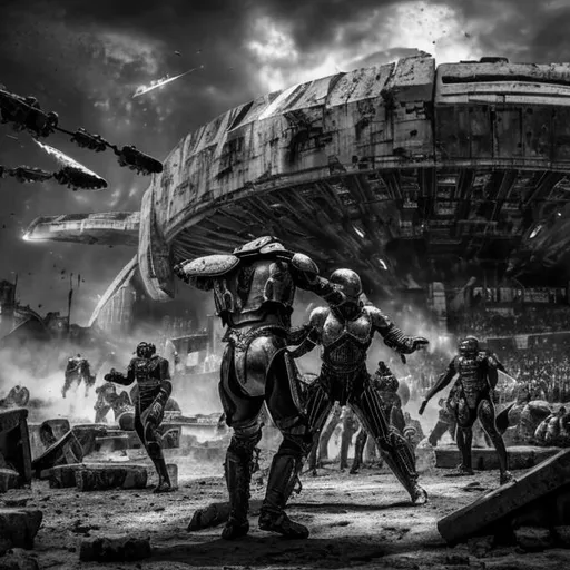 Prompt: monochrome, H.R. Geiger, scifi arena, gladiator match, brutal, bloody, knife fight, scifi, futuristic