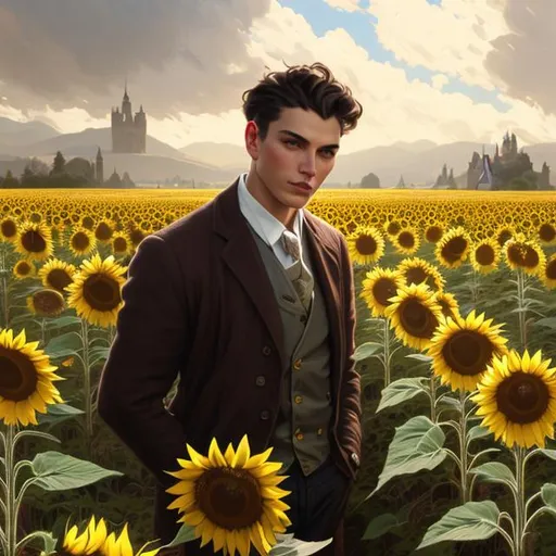 Prompt: Splash art portrait of ruggedly handsome, androgynous, feminine, dark brown haired man with short hair, very extremely light facial hair stubble, 30 years old, in a sunflower field, victorian light clothes, elegant, highly detailed, intricate, smooth, sharp focus, artstation, digital painting, concept art, art by greg rutkowski, alphonse mucha and John William Waterhouse, light, romantic, happy, soft, gentle, golden, warm, summer