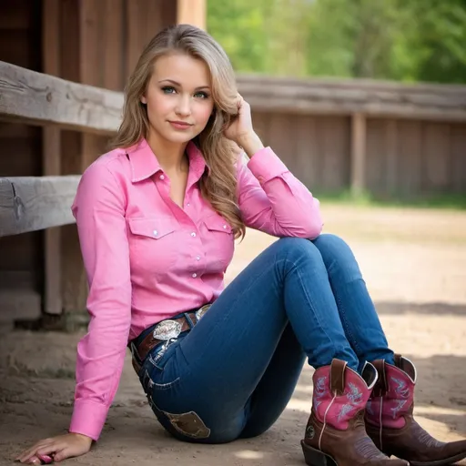 Prompt: A very beautiful polish sitting. She is wearing a pink shirt, blue jeans and cowboy boots. Her boots are pink too.