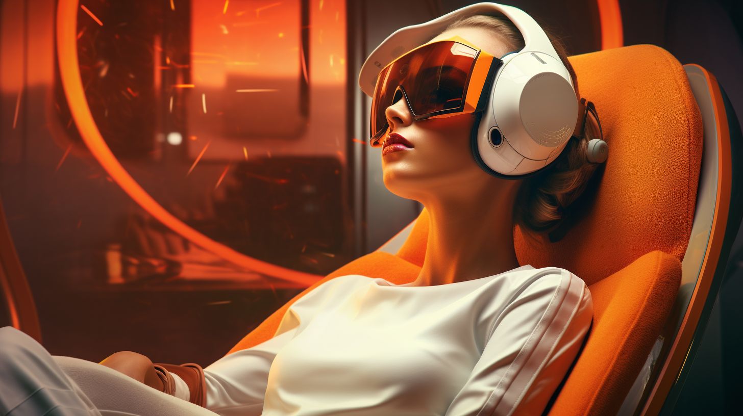 Prompt: Depict a wide tableau that brings to life a woman of the future. Her ensemble, complete with white headphones and vibrant orange visor sunglasses, is a testament to advanced fashion. She takes a moment to unwind in a technologically superior chair, surrounded by sleek designs and glows of amber and polished metal, evoking a world of space exploration and luxury.