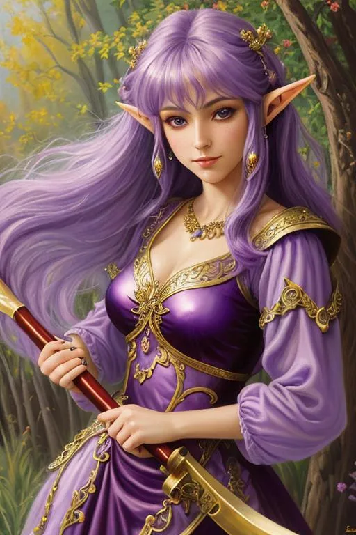 oil painting of a purple hair elf princess wearing... | OpenArt