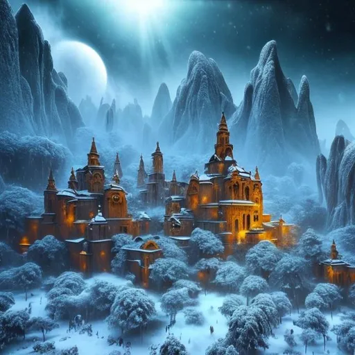 Prompt: isolated beautiful monastery, alien planet, jungle, snow, blizzard