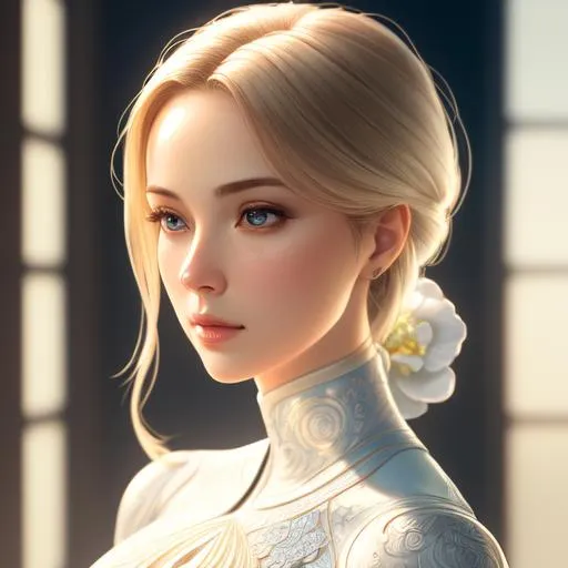 Prompt: {1 woman, petite, large bosom, beautiful detailed portrait, beautiful face, face like cortana (halo), Hesitant, skintight suit, porcelain skin, detailed and intricate environment, complimentary colors, pencil drawing, backlighting, botanical illustration, by Takashi Takeuchi and Igor Kieryluk, masterpiece, artstation hq, two legs.