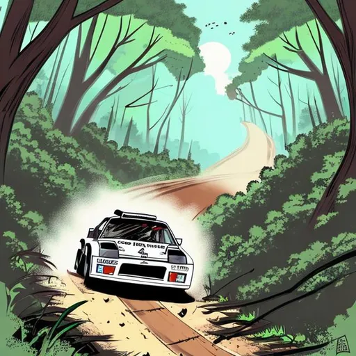 Prompt: Group b rally car sliding through a corner in the woods on a dirt path  as crowds dive out of the way, anime, cell shaded, art, digital art