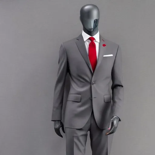 Prompt: Mannequin wearing a dark gray suit with a red tie. generate a dark shinning mannequin model with blank eyes. Coloured glossy paint
