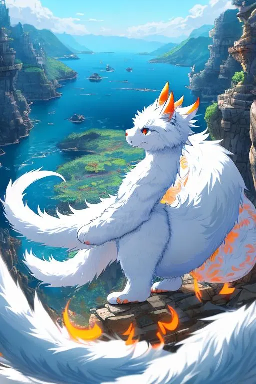 Prompt: illustration photographic front view,  Japanese letters floating in the air,
 
masterpiece intricate hyperdetailed best quality flat color pastel mix pencil sketch 2D 1 anime cute round fluffy furry dragon cheerful, hyperdetailed white fur, detailed round blue eyes, orange stripestanding in ancient dungeon,

scenic view landscape 2D flat color gigantic dungeon vector background, action shot, extreme long shot wide view, full frame wide angle,

sunshine, blue sky, cinematic lighting,

precise hard pencil strokes, thick and hard pencil outline,

hyperdetailed 2D vector concept art picture, vector, illustration, character concept,

2D fantasy concept art style, inspired by final fantasy art, adventure, inspiring, colorful, heroic fantasy art,

centered,