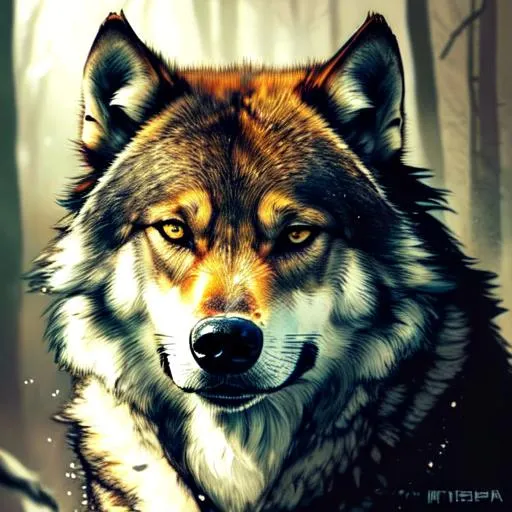 Prompt: detailed realistic rendition of a deep brown and gray wolf, high , fierce and cunning, alpha male, leader, powerful, high quality quality, hd, 8 k, 4 k, magnificent, award -, nature photography, awe - inspiring. In a highly detailed, amazing; background in a forest beauteous sumptuous, with incredible iridescent pearlescent voluminous fluorescent psychedelic indirect soft glow cinematic lighting, crystalline masterpiece incrustations, hyperdetailed features, movie still, intricate, octane render, cinematic forest lighting, unreal engine, crepuscular rays, god rays
