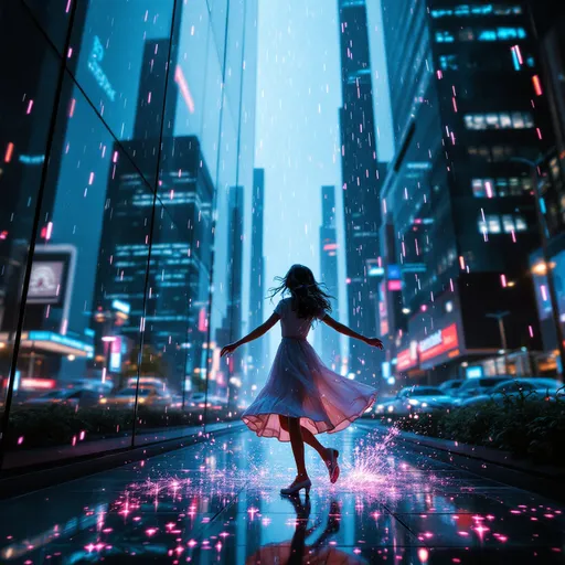 Prompt: neon rain falls on mirrored tall buildings of a metropolis, a girl twirls in a happy dance near the mirrored wall of a building, splashes of neon rain disintegrate at her feet and in the movement of her hands, happiness, gentle tones, cinematic blur