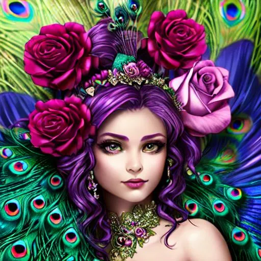 peacock fairy goddess, magenta roses, facial closeup