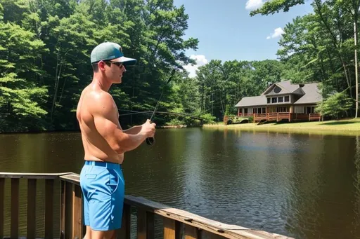 Prompt: Long shot, wide angle, 24mm lens, country guy with baseball cap fishing in his boxer briefs. It's a beautiful summer day at his lake house in the  northeastern United States. 