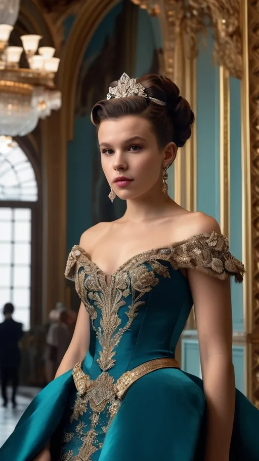 Prompt: Millie Bobby Brown in Rokoko Style, the main subject is a young woman who bears a striking resemblance to Millie Bobby Brown, She is seen in an opulent, Rococo-inspired mood painted by a blend of Artgerm and Rubens, breathtaking white rokoko updo hair, wearing an elaborate dress in vibrant winter colors. The dress is rich in architectural details and voluminous, adding to the grandeur of the image. This portrayal of the young woman is either a painting, showcasing her in an indoor palace setting. The background is teeming with an abundance of intricate and ornate elements, further accentuating the luxurious ambiance. The description aims to convey the exceptional quality of the image, capturing the viewer's attention through its extraordinary attention to detail and the lavishness it exudes.