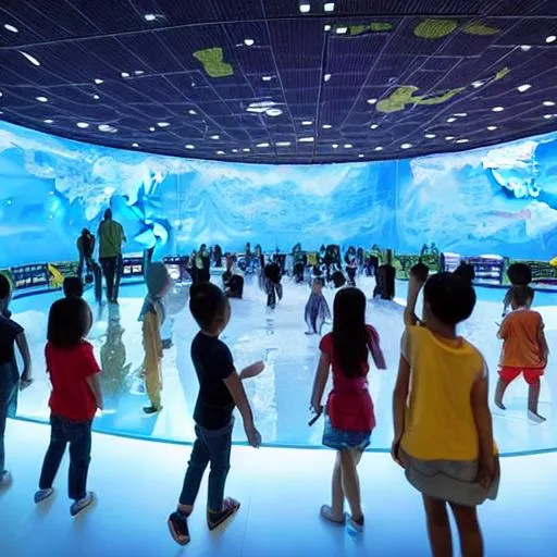 Prompt: A gigantic futuristic climate experience center with an enormous hall where children and their parents making a virtual journey along places in the world where climate change impacts of heavy downpours, floods and heat and droughts can be experienced. 