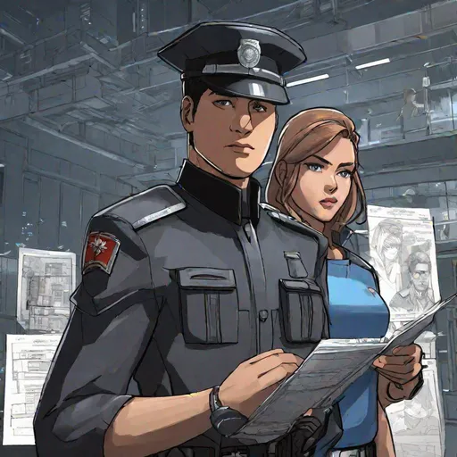 Prompt: Whole body. Full figure. A Bolivian secret police in scifi 20th century  uniform and a young woman. He has a police cap. Dark Grey uniform with blue details. details. In background a scifi prison. he is controlling documents to a young girl. Rpg art. Rpg. 2d art 2d. Well draw face. Detailed. 