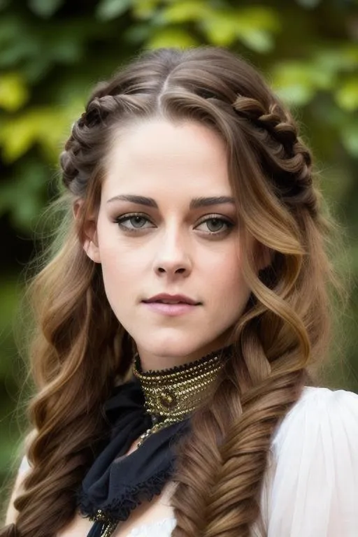 Prompt: Please paint a portrait of a beautiful young steampunk woman hair in a single braid over shoulder, looks like {{kristen stewart}}. English garden backdrop.  Concept art in the style of {Terry Richardson}, close-up portrait, 4K symmetrical portrait, in-focus, trending in artstation, cgsociety, 8k post-processing highly detailed, Craig Mullins, Casey Baugh, wlop, Sharandula, Tom Bagshaw, Ross Tran, Artgerm, dramatic, moody lighting, characters 8K symmetrical, artstation, cinematic lighting, intricate details, 8k detail post processing, chiaroscuro --no dof --uplight:1.2), portrait, high detail,  premium quality, digital painting, concept art, artistic, portrait