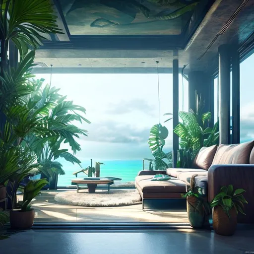 Prompt: luxury living room, interior, tropical island, solarpunk, futuristic, realistic details, photorealistic, 8k render, cinematic lighting, ultra detailed