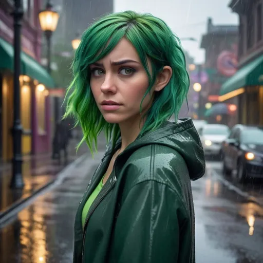 Prompt: photorealistic style, a 18 year old (realistic adult human form of Disgust from Disney's Inside Out), bright Green hair, big green eyes, makeup running, green skin, walking, gazing around her, worried, rainy street, (emotionally challenging atmosphere), arms crossed under her chest, looking worried, gloomy and subdued color tones, reflections on wet pavement, light rain drizzling, warm light contrast, depth in facial features, capturing her essence of loneliness, high detail, serene yet tense vibe, high-quality image.