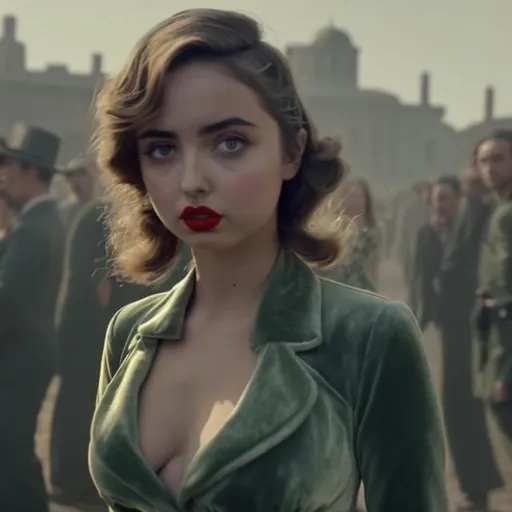 Prompt: Ana de Armas, Sultry 1940's Female gangster a tommy gun over shoulder, wearing green velvet dress, hands in pocket, cute facial festures face, 8k, bending over. Riot in Background