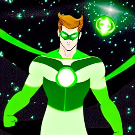 Prompt: Hal Jordan Inspired, Green-Glowing-Cape floating in deep outer-space 