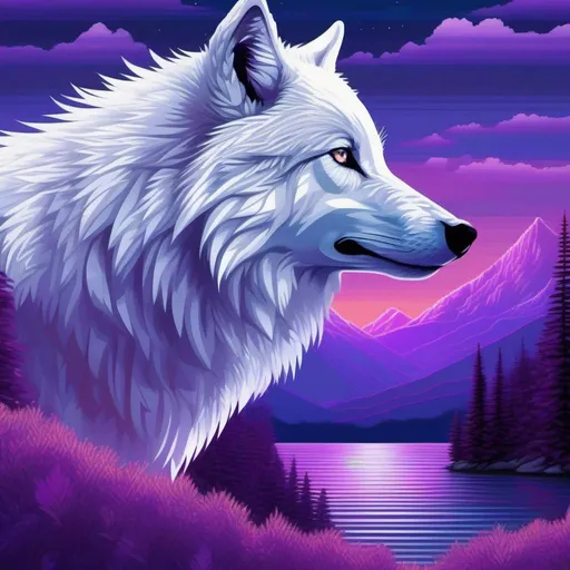Prompt: $pixel art$, 32-bit, beautiful {white wolf}, with {silver eyes}, looking at viewer, glaring through fourth wall, layers of purple mountain silhouettes, magical fantasy crystal lake, twilight, highly detailed, beautifully detailed shading, complementary colors, golden ratio