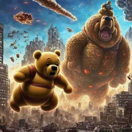 Prompt: Giant titan pooh destroying the city getting burned down
