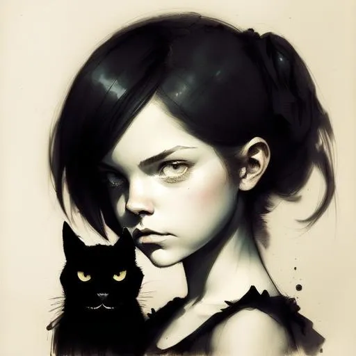 Prompt: Fine art etching portrait of a stylized cute girl and her black cat depicted style combination of Bill Carman, Nicoletta Ceccoli, Amy Earles and Abigail Larson. Calotype print, Pictorialism, Grimdark, frontal facing portrait, extremely detailed, beautiful, Best quality, high definition.