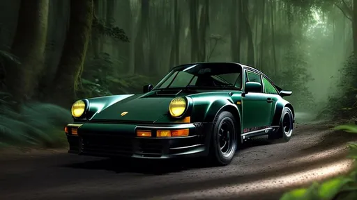 Prompt: a dark forest green Porsche 930 Turbo in a dark jungle, photo and light from the front, painting style