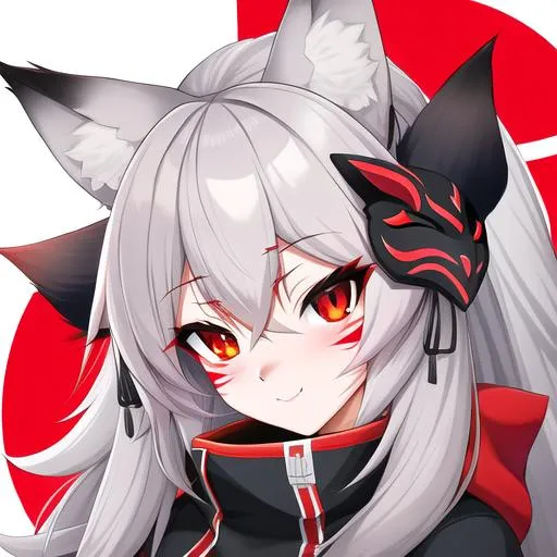 Prompt: A fox girl that has a kitsune mask on her face with grey fur and red eyes, furry art, tiger marks