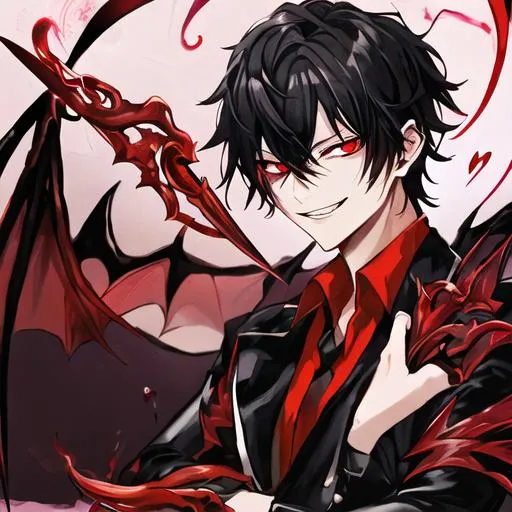 Prompt: Damien (male, short black hair, red eyes), demon form, grinning seductively, holding a knife, hearts around him
