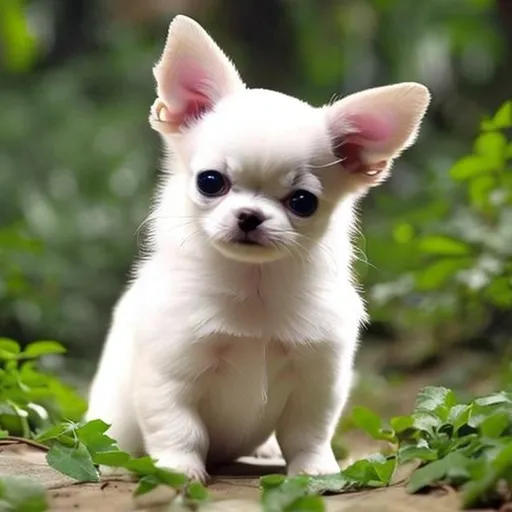 Prompt: A white chubby chihuahuahua puppy (100) with cloth (-100) in a green forest