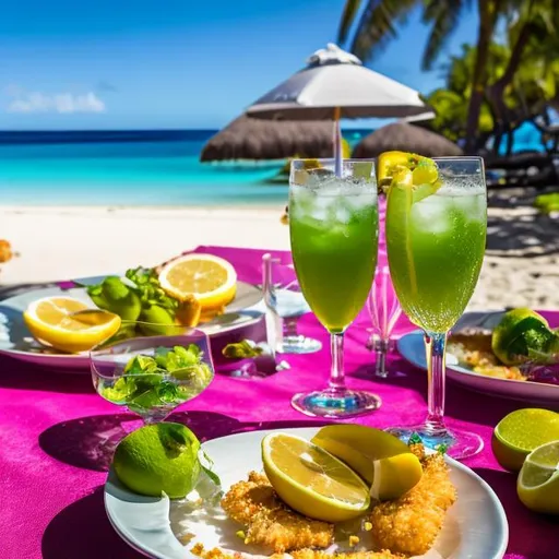 Prompt: "Generate an image of a scene at a tropical beach resort. The table should be exquisitely decorated, emphasizing the intricate details. Place a glass of exceptionally refreshing and sparkling lime juice with a vivid green color, made from bright green Tahiti lemons with ice cubes. Set the plate of beautifully presented breaded shrimp separately, and ensure that the glass serving dish filled with a vibrant, diverse, and inviting tropical fruit salad is the centerpiece of the scene, showcasing exceptionally colorful, varied fruits radiating freshness and vibrancy. Additionally, include a magnificent serving platter with a meticulously crafted Valencian paella. The entire scene should exude an atmosphere of a beachside summer vacation, with utmost attention to detail and presentation."" ultra hd, realistic, vivid colors, highly detailed, UHD drawing, pen and ink, perfect composition, beautiful detailed intricate insanely detailed octane render trending on artstation, 8k artistic photography, photorealistic concept art, soft natural volumetric cinematic perfect light"

