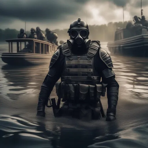 Prompt: Several modern roman military male in black military roman armor, and gas mask, by boat in a flooded region, Hyperrealistic, sharp focus, Professional, UHD, HDR, 8K, Render, electronic, dramatic, vivid, pressure, stress, traumatic, dark.