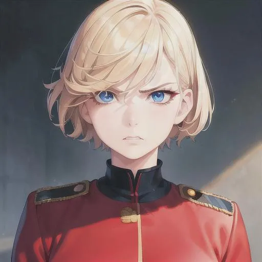 Prompt: (masterpiece, illustration, best quality:1.2), portrait, angry expression, mature look, eye bags under eyes, black eyelashes, short pixie style hair, blonde hair, blue eyes, all red German soldier uniform, best quality face, best quality, best quality skin, best quality eyes, best quality lips, ultra-detailed eyes, ultra-detailed hair, ultra-detailed, illustration, colorful, soft glow, 1 girl