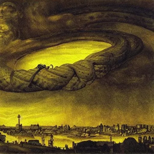 Prompt: Anaconda snake coiled around a large, yellow sky, above a deserted, post-apocalyptic city. Painting by Durer.