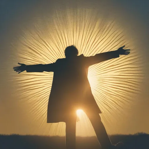 Prompt: a man with his back opened arms in front the sun