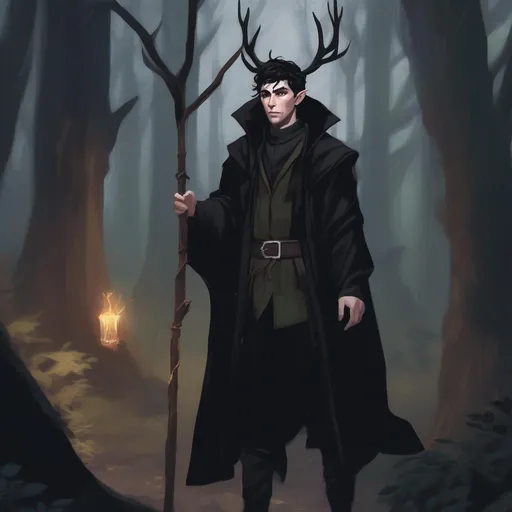 Prompt: dnd a male half-elf warlock with short messy black hair and small antlers wearing a long black coat holding a wooden staff in a dark forest
